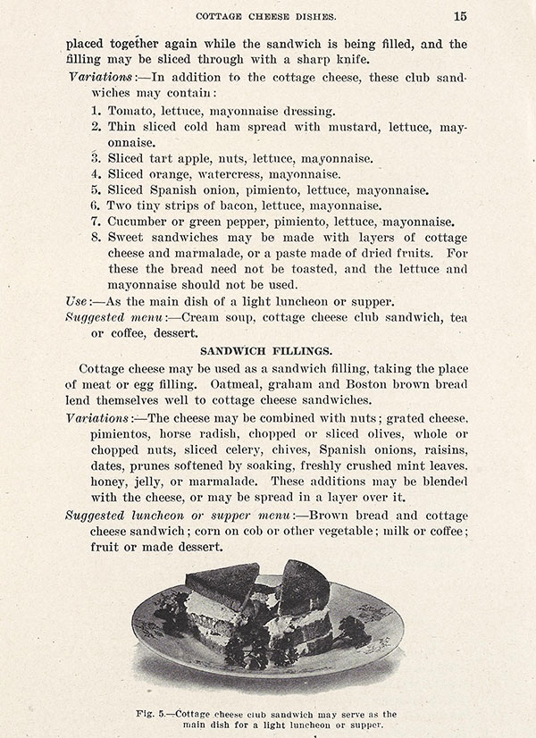 U.S. Dept. of Agriculture, Cottage Cheese Dishes: Economical, Wholesome, Delicious. (Washington, D.C.: U.S. Dept. of Agriculture, Office of the Secretary, 1919), 15. Special Collections